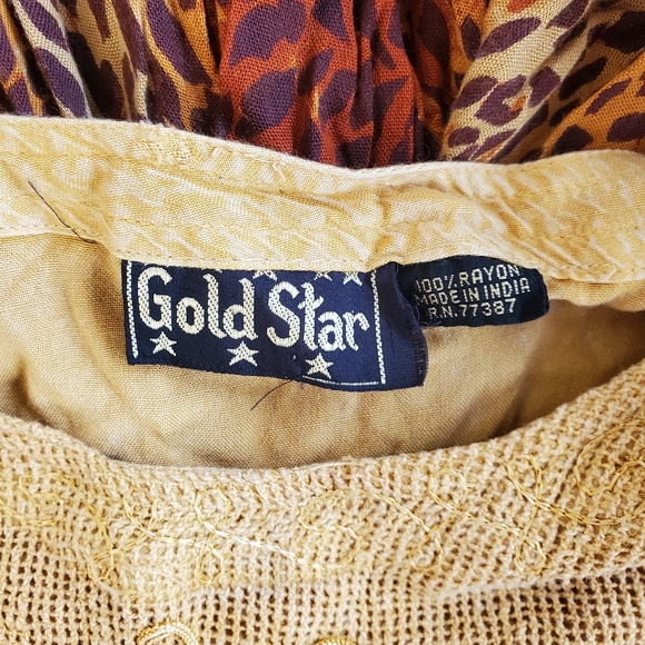 Vintage Gold Star 100% Rayon Embroidered Pleated Gold &Cheetah Print Midi Dress - Picture 2 of 14